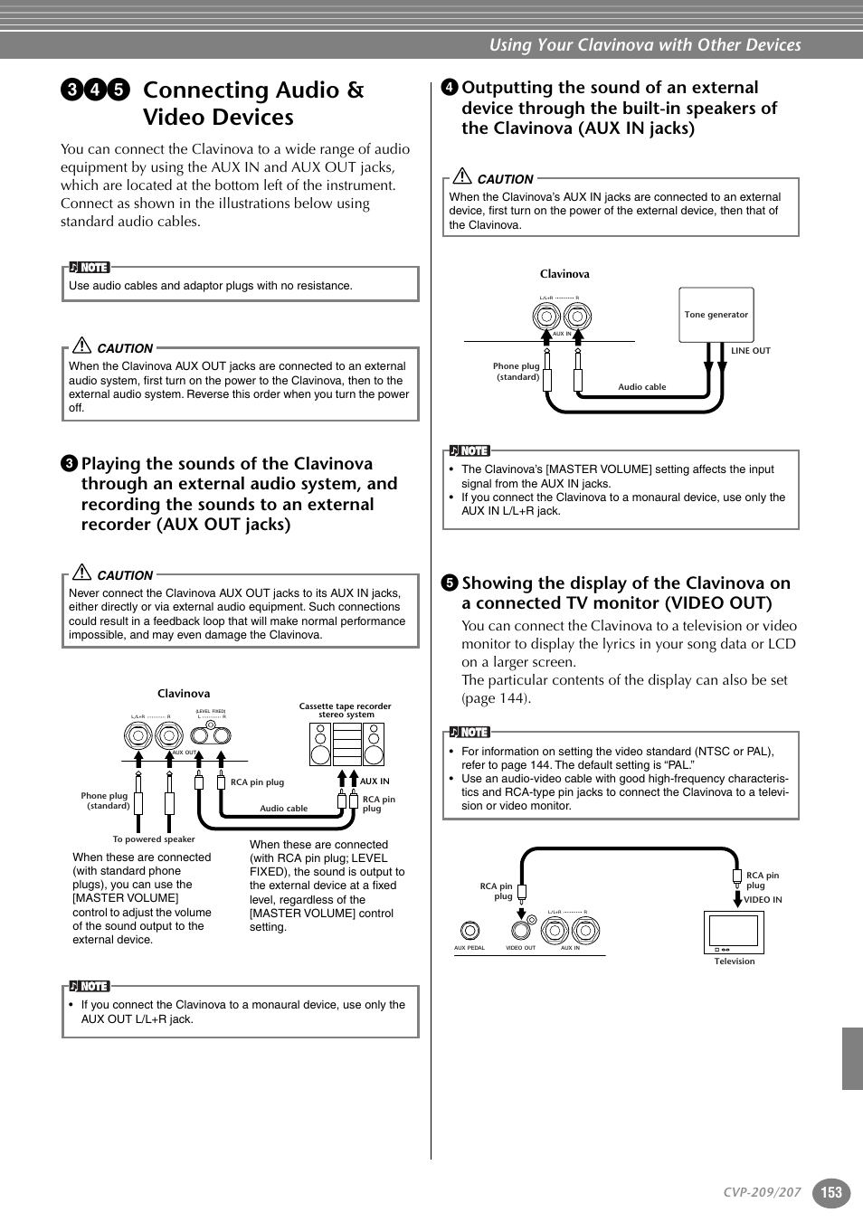 345 connecting audio & video devices, Connecting audio & video devices, P. 153 | P.153, Using your clavinova with other devices | Yamaha CVP-207  EN User Manual | Page 153 / 176
