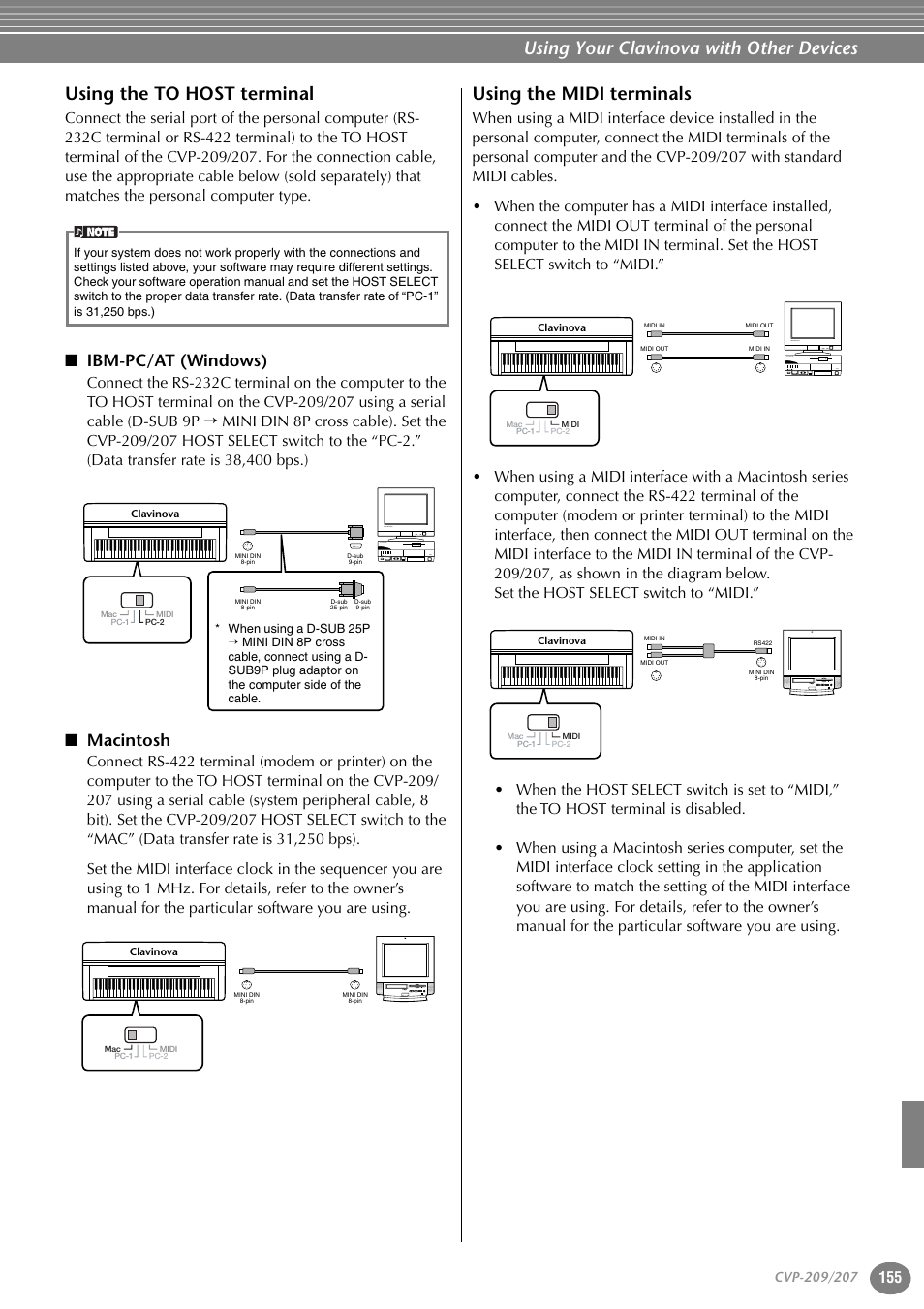 Using the to host terminal, Ibm-pc/at (windows), Macintosh | Using the midi terminals, P. 155, Using your clavinova with other devices | Yamaha CVP-207  EN User Manual | Page 155 / 176