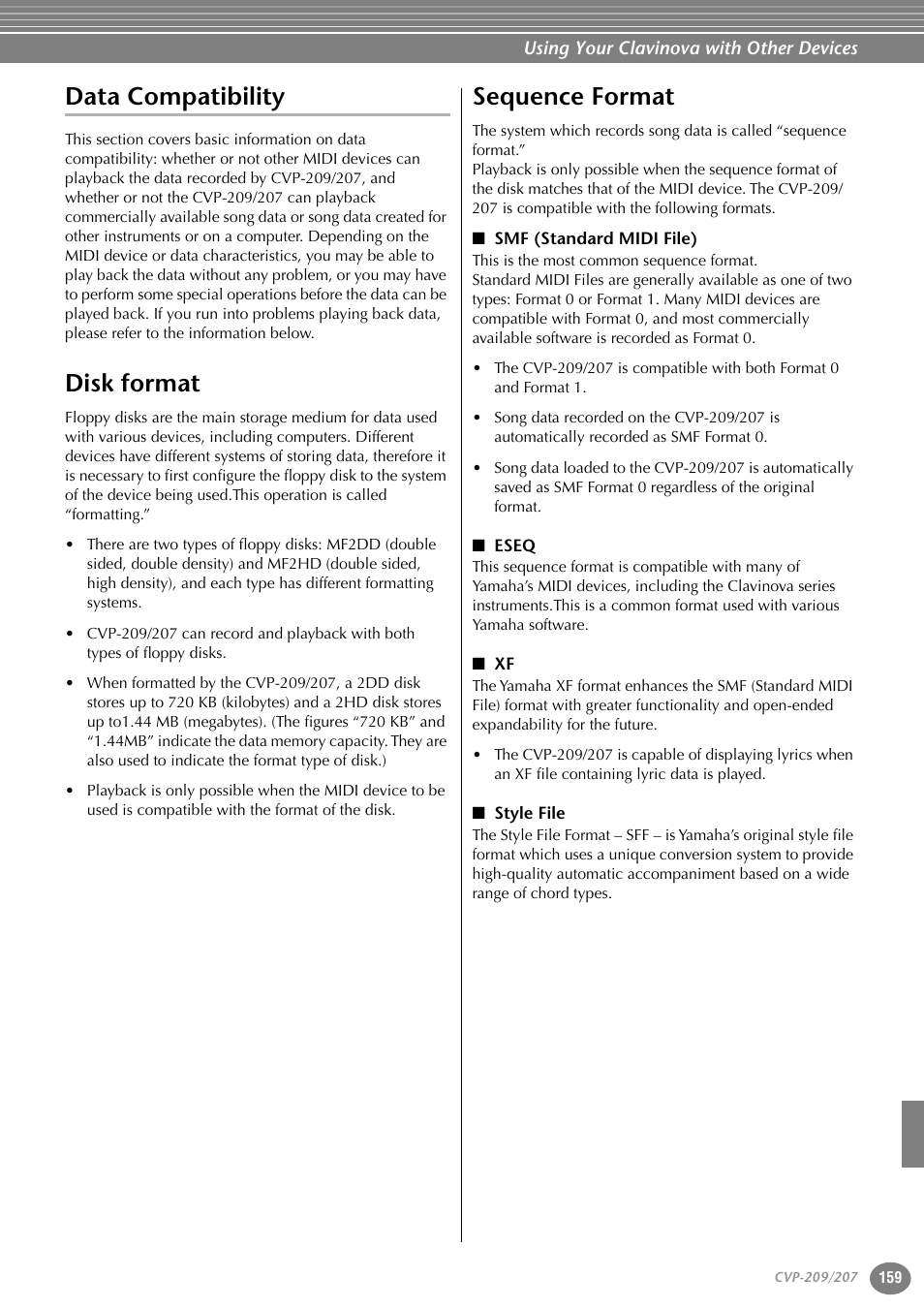 Data compatibility, Disk format, Sequence format | Smf (standard midi file), Eseq, Style file, Disk format sequence format | Yamaha CVP-207  EN User Manual | Page 159 / 176