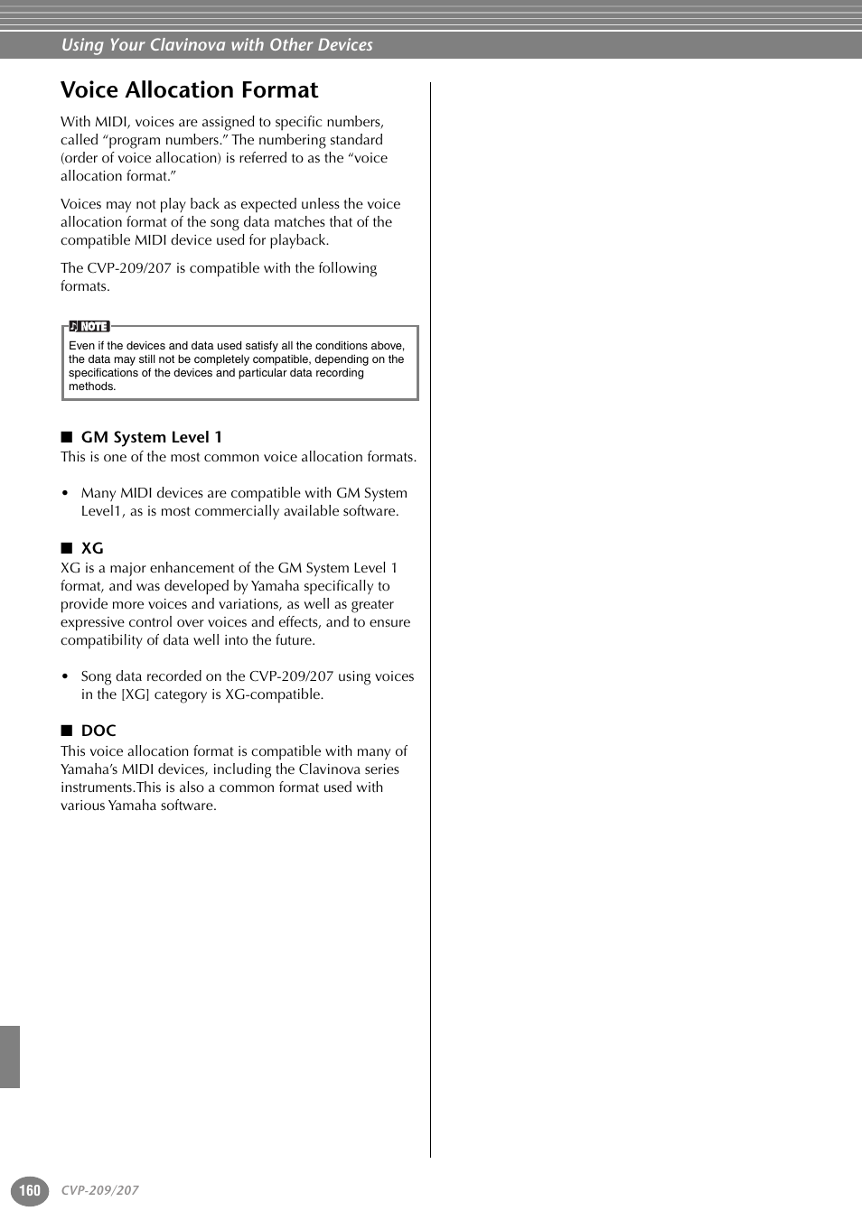 Voice allocation format, Gm system level 1 | Yamaha CVP-207  EN User Manual | Page 160 / 176