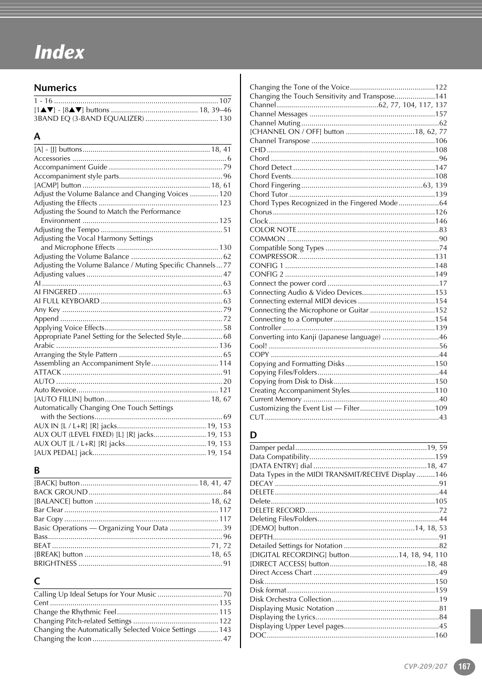 Index | Yamaha CVP-207  EN User Manual | Page 167 / 176