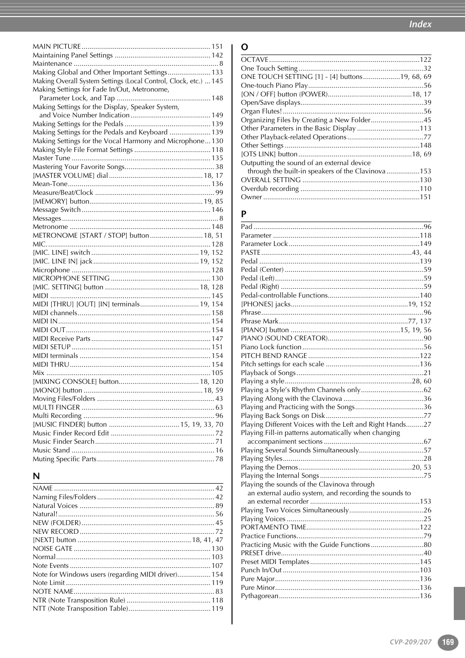 Index | Yamaha CVP-207  EN User Manual | Page 169 / 176