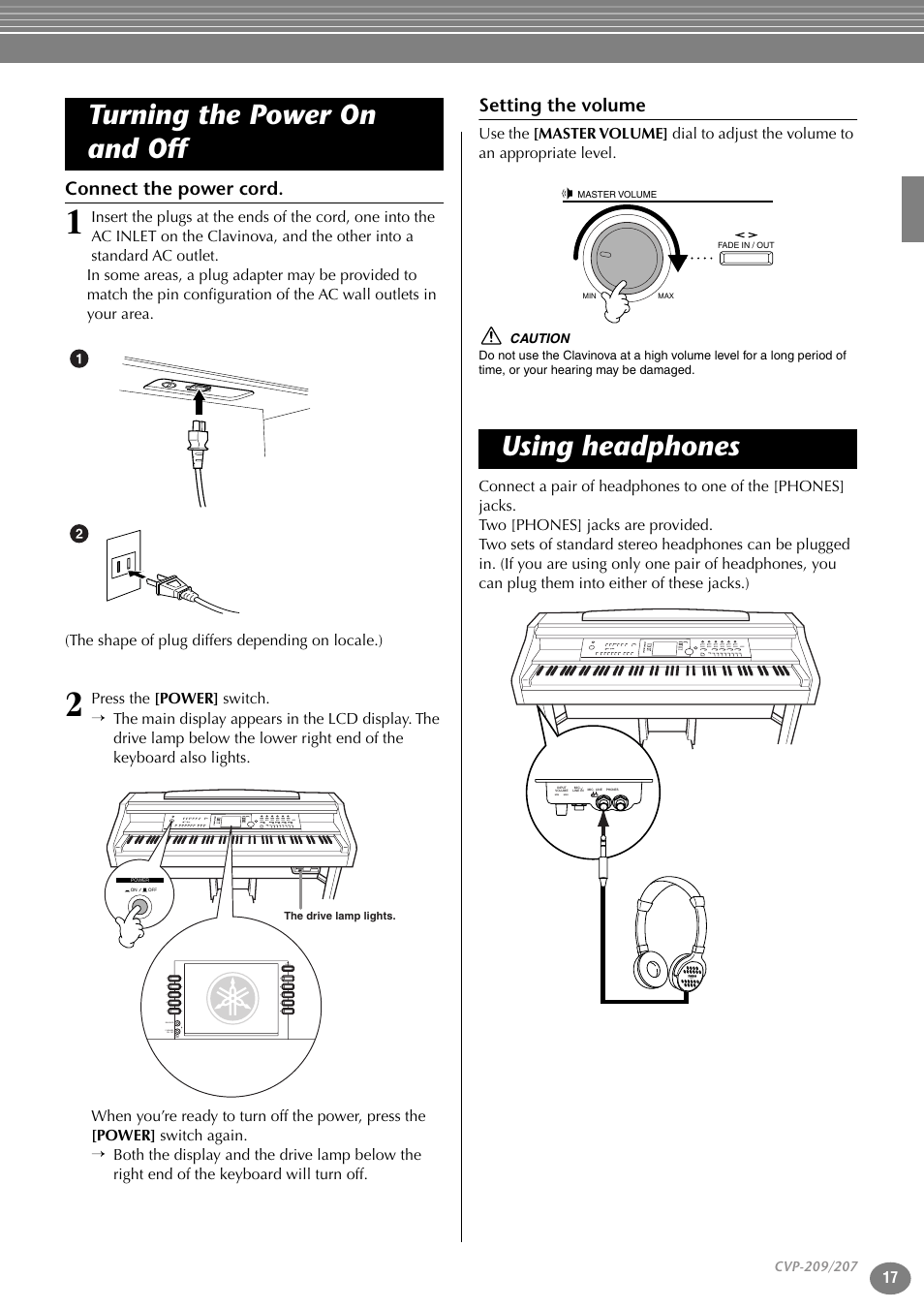 Connect the power cord, Setting the volume, Turning the power on and off | Using headphones | Yamaha CVP-207  EN User Manual | Page 17 / 176