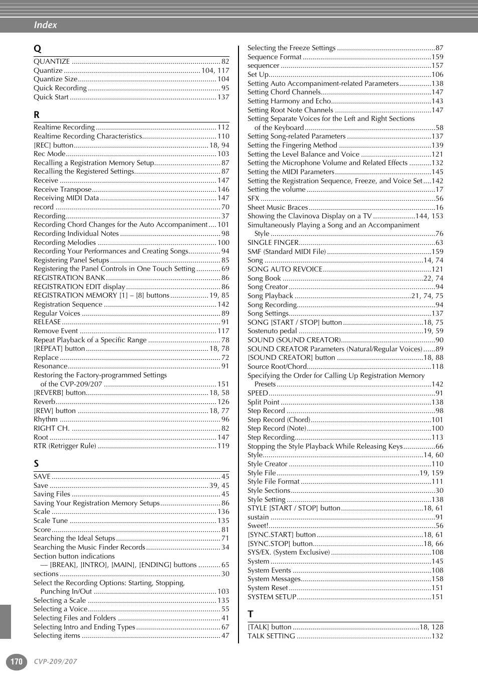 Index | Yamaha CVP-207  EN User Manual | Page 170 / 176
