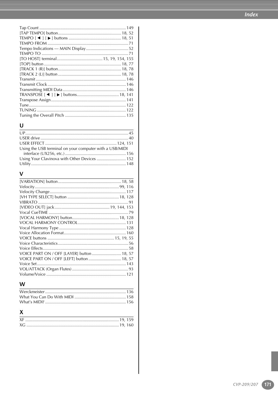 Index | Yamaha CVP-207  EN User Manual | Page 171 / 176
