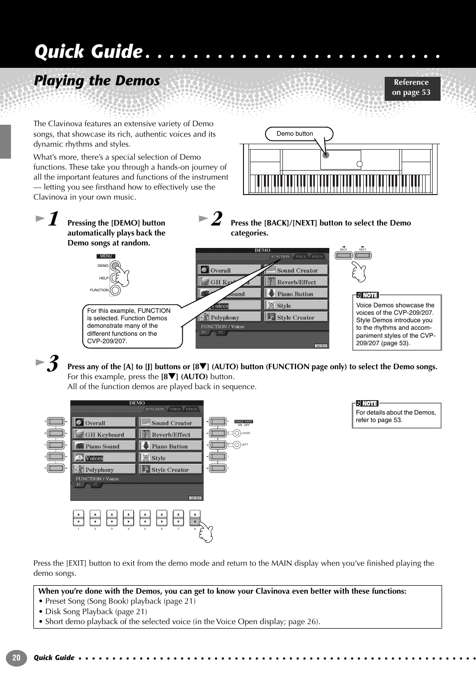 Quick guide, Playing the demos, Press any of the [a] to [j] buttons or [8 | Yamaha CVP-207  EN User Manual | Page 20 / 176
