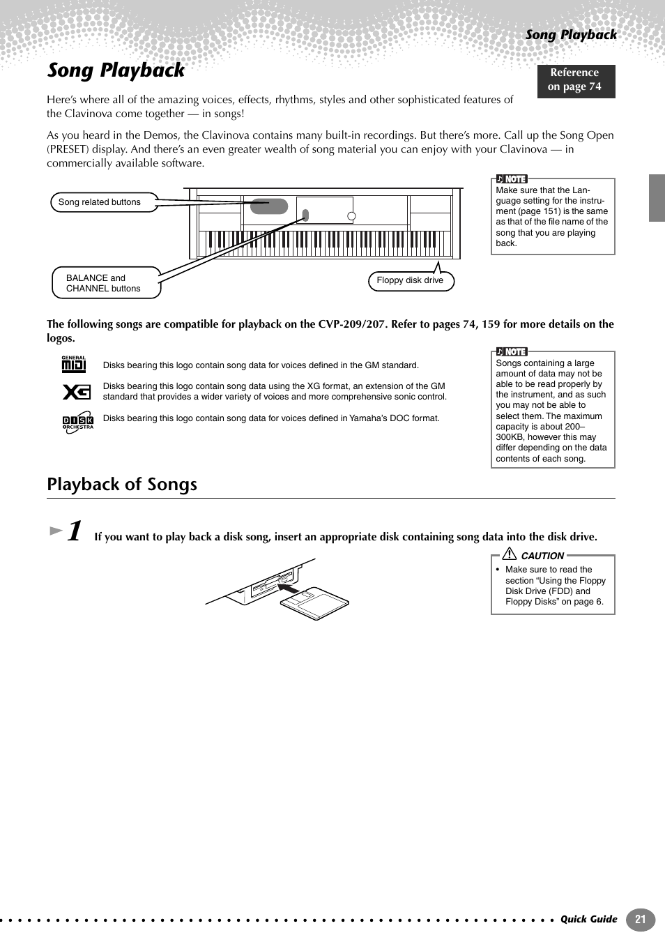 Song playback, Playback of songs | Yamaha CVP-207  EN User Manual | Page 21 / 176