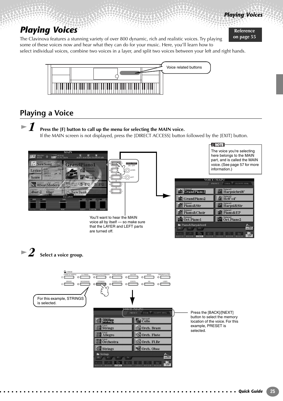 Playing voices, Playing a voice, Select a voice group. reference on page 55 | Yamaha CVP-207  EN User Manual | Page 25 / 176