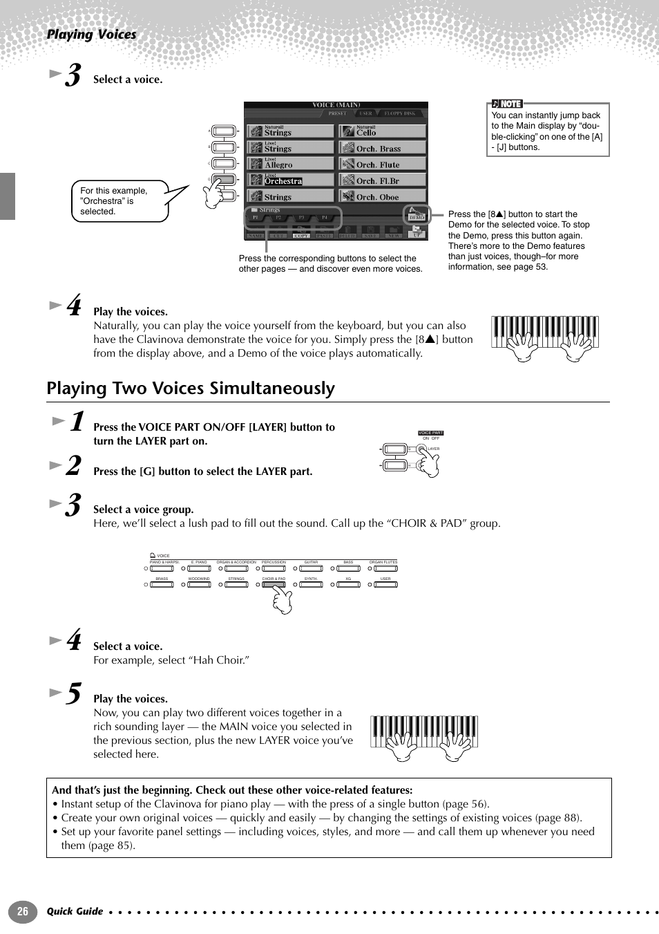 Playing two voices simultaneously, Playing voices | Yamaha CVP-207  EN User Manual | Page 26 / 176