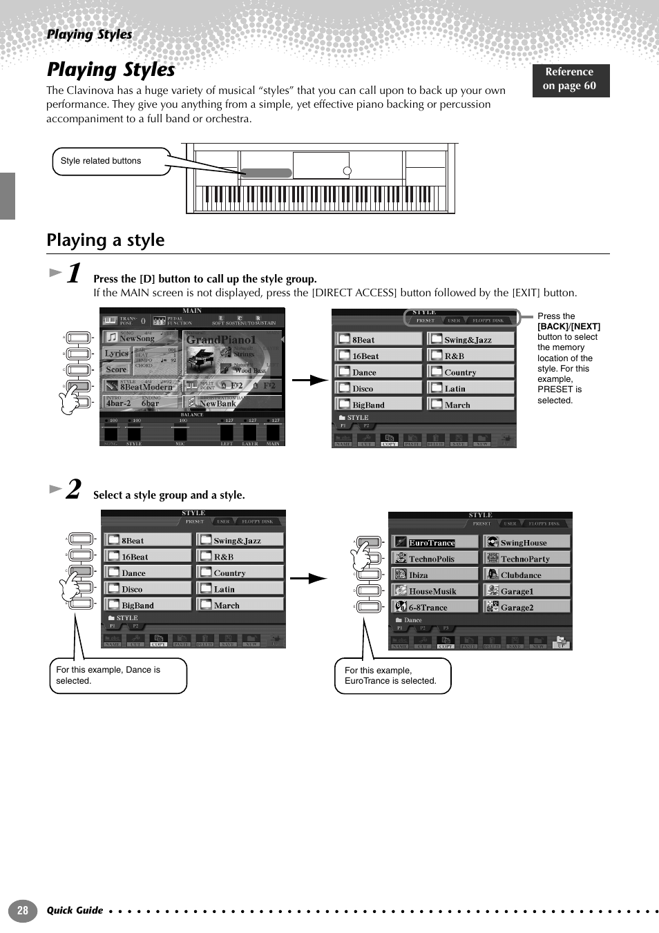 Playing styles, Playing a style | Yamaha CVP-207  EN User Manual | Page 28 / 176