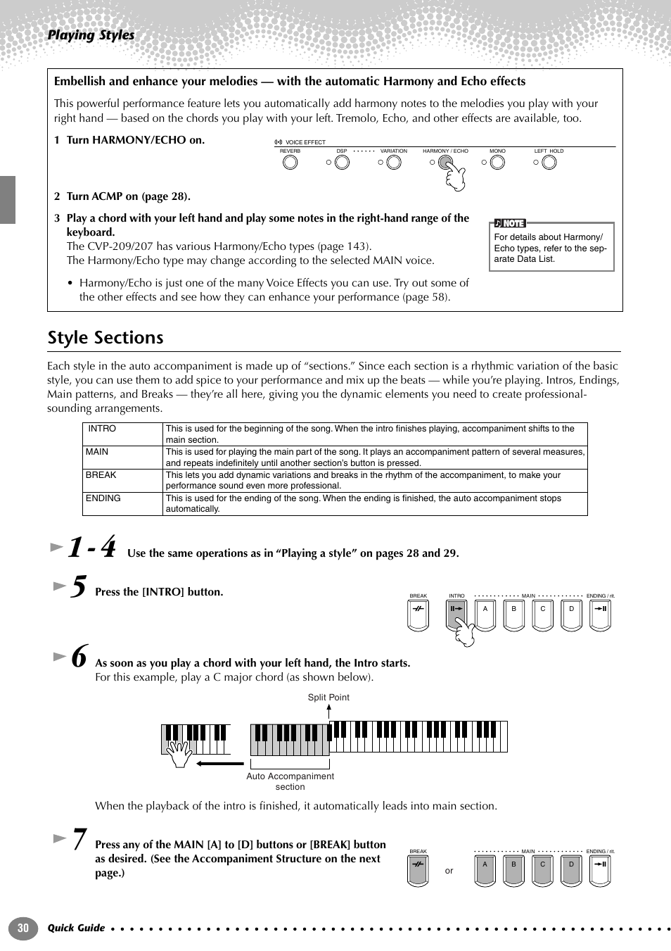 Style sections, Playing styles | Yamaha CVP-207  EN User Manual | Page 30 / 176