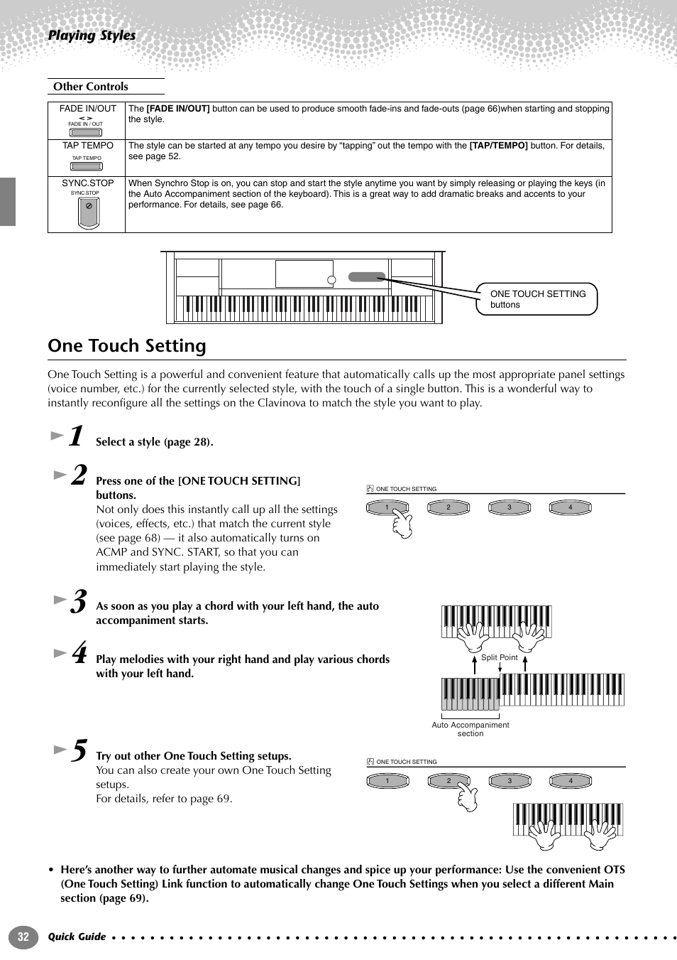 One touch setting | Yamaha CVP-207  EN User Manual | Page 32 / 176