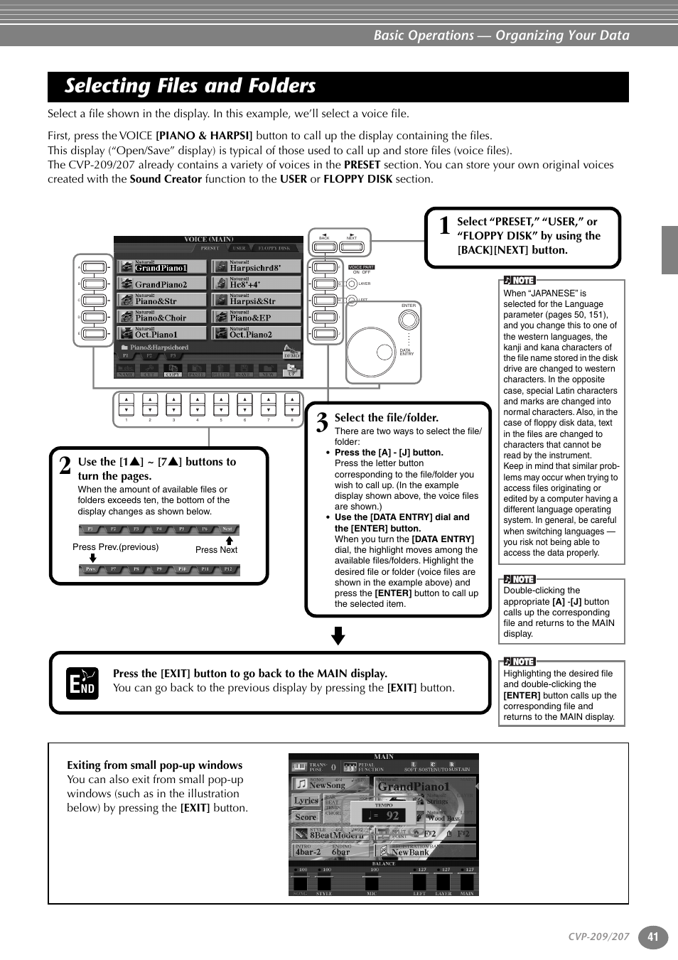 Selecting files and folders, P. 41, Basic operations — organizing your data | Use the [1, Buttons to turn the pages, Select the file/folder | Yamaha CVP-207  EN User Manual | Page 41 / 176