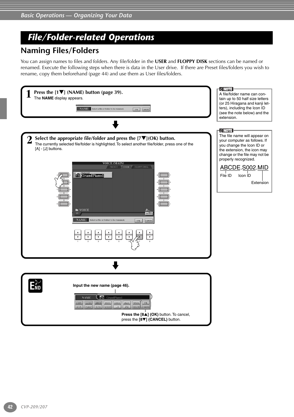 File/folder-related operations, Naming files/folders, Basic operations — organizing your data | Abcde.s002.mid, Press the [1, N ame) button (page 39), Ok) button | Yamaha CVP-207  EN User Manual | Page 42 / 176