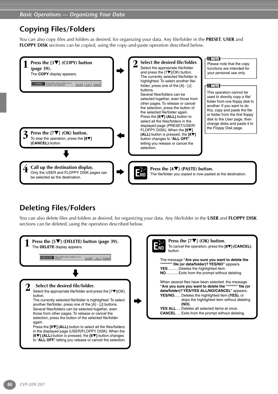 Copying files/folders, Deleting files/folders, Copying files/folders deleting files/folders | Yamaha CVP-207  EN User Manual | Page 44 / 176