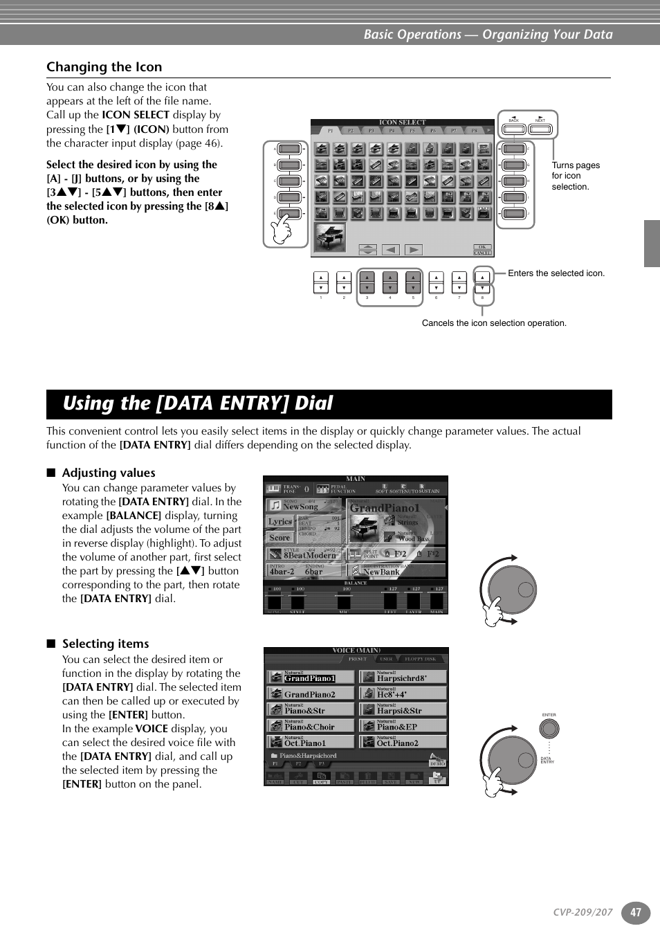 Changing the icon, Using the [data entry] dial, Adjusting values | Selecting items, P. 47, Basic operations — organizing your data | Yamaha CVP-207  EN User Manual | Page 47 / 176