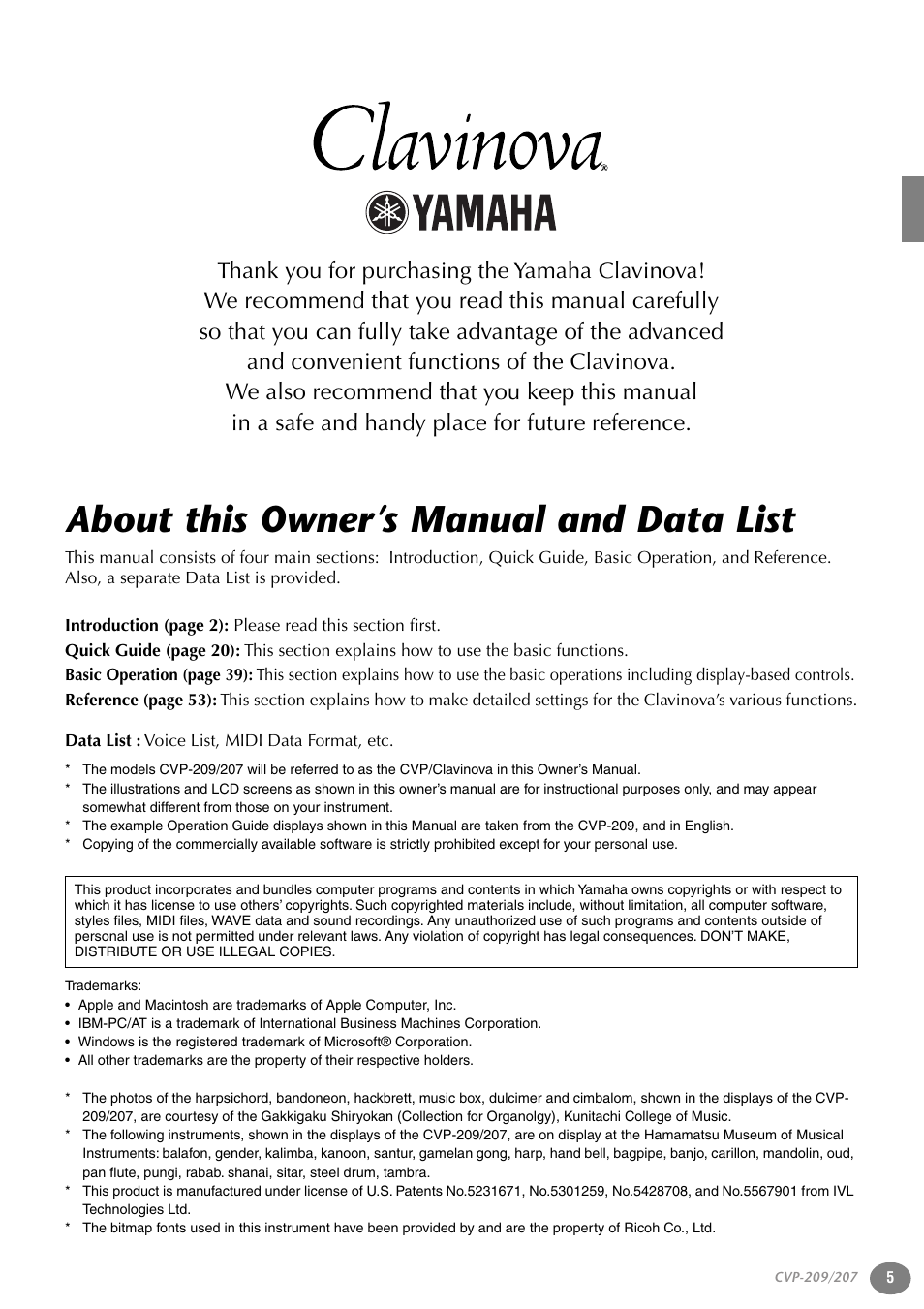 About this owner’s manual and data list | Yamaha CVP-207  EN User Manual | Page 5 / 176