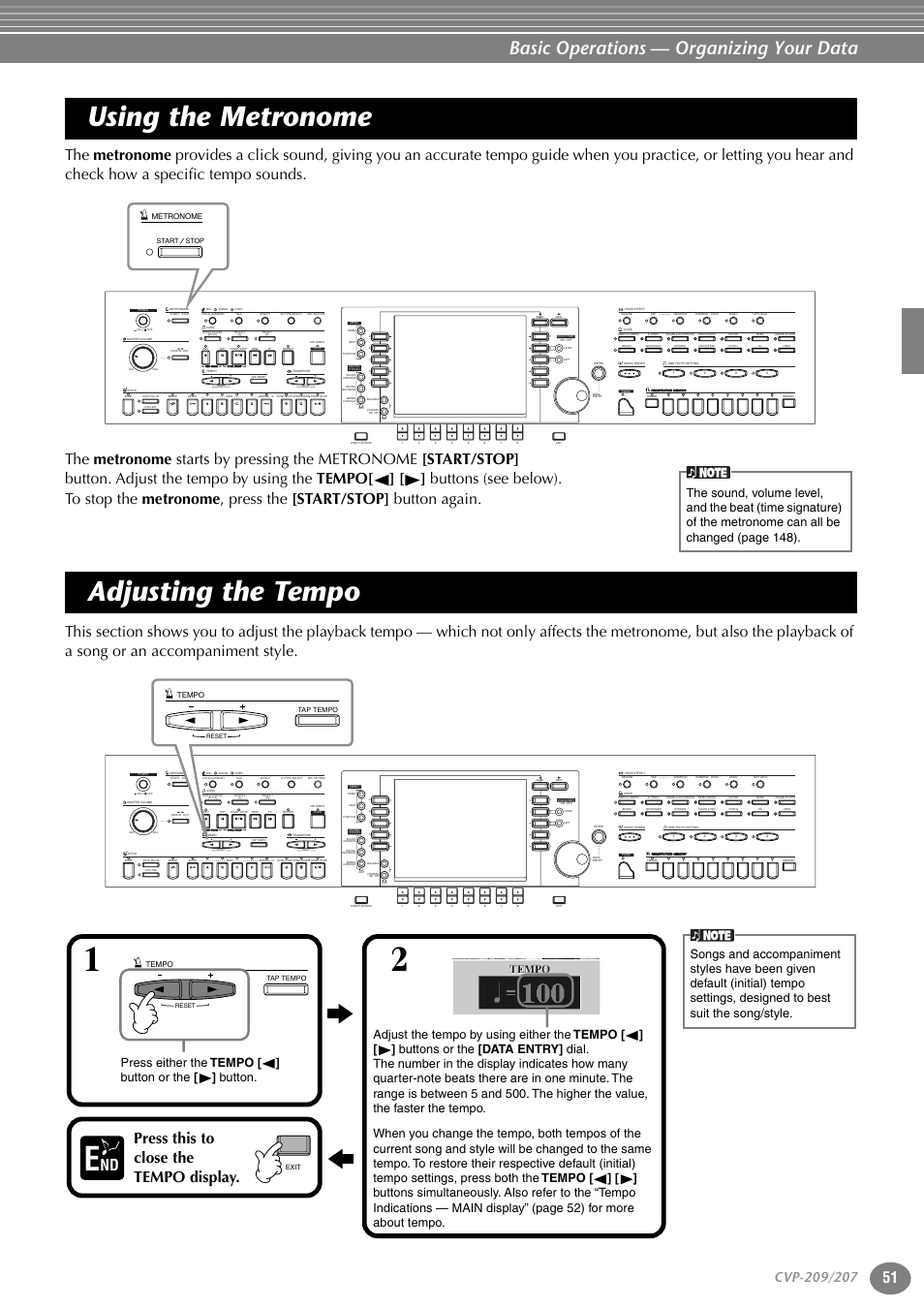 Using the metronome, Adjusting the tempo, Using the metronome adjusting the tempo | P. 51, Basic operations — organizing your data, Press this to close the tempo display, Metronome, Tempo | Yamaha CVP-207  EN User Manual | Page 51 / 176