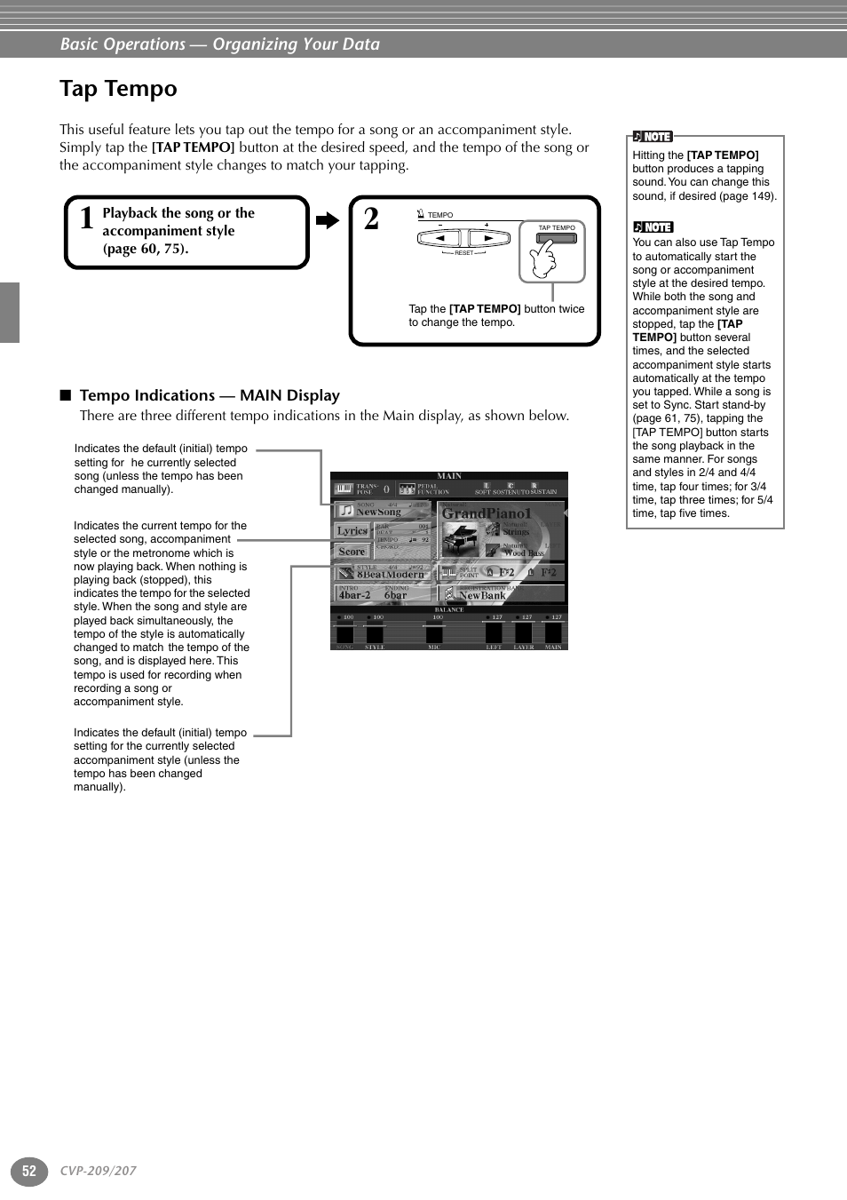 Tap tempo, Tempo indications — main display, P. 52 | Yamaha CVP-207  EN User Manual | Page 52 / 176