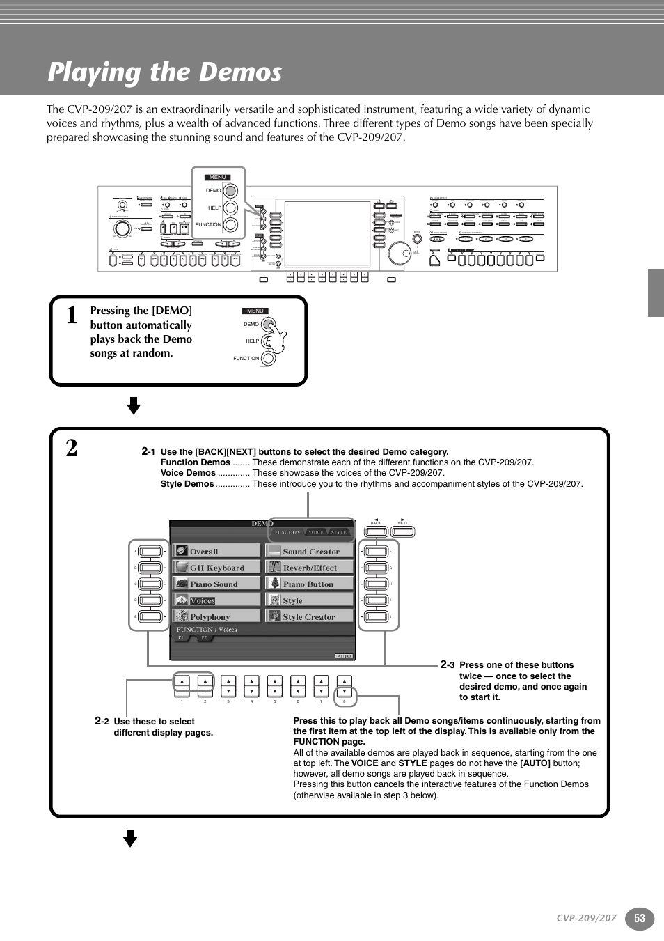 Reference, Playing the demos, Reference playing the demos | P. 53 | Yamaha CVP-207  EN User Manual | Page 53 / 176