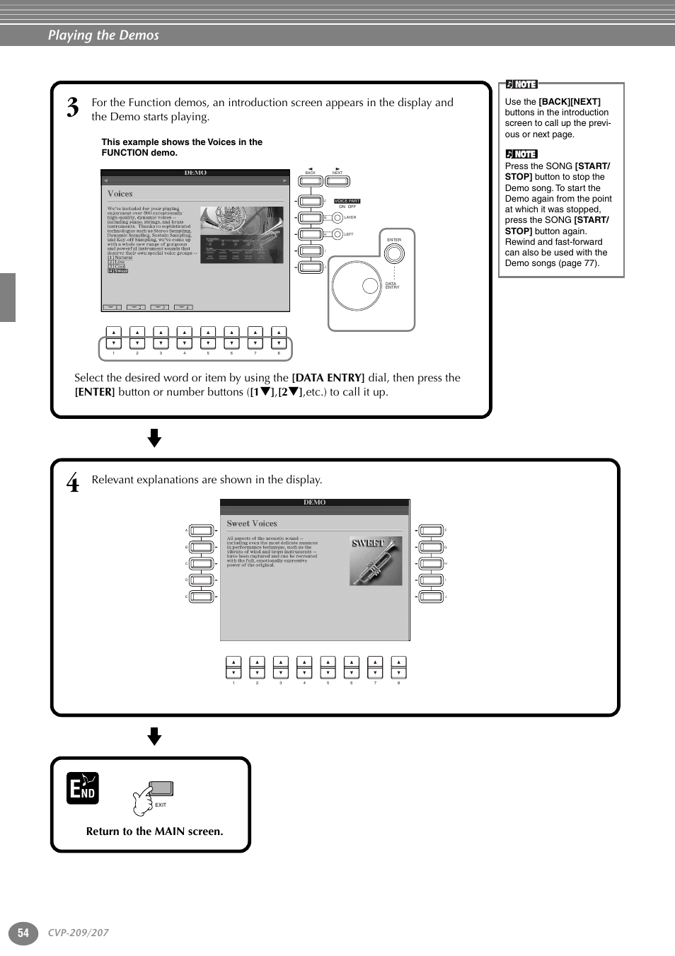 Playing the demos, Relevant explanations are shown in the display, Nd return to the main screen | Etc.) to call it up | Yamaha CVP-207  EN User Manual | Page 54 / 176
