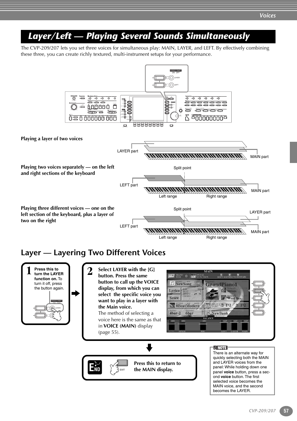 Layer/left — playing several sounds simultaneously, Layer — layering two different voices, Layer/left — playing several sounds | Simultaneously, P. 57, Voices, Acmp auto fill in ots link break intro main, On min max off ending rit. tap tempo, Exit, Back next | Yamaha CVP-207 EN User Manual | Page 57 / 176