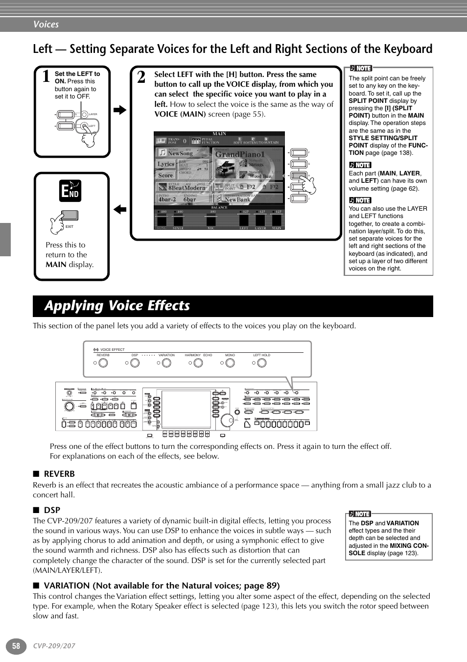 Applying voice effects, Reverb, Left — setting separate voices for the left | And right sections of the keyboard, P. 58, Voices, Nd press this to return to the main display, Acmp auto fill in ots link break intro main, On min max off ending rit. tap tempo, Exit | Yamaha CVP-207 EN User Manual | Page 58 / 176