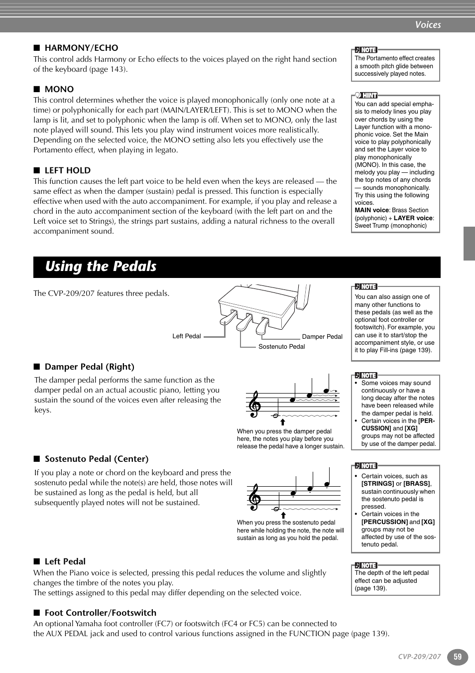 Harmony/echo, Mono, Left hold | Using the pedals, Damper pedal (right), Sostenuto pedal (center), Left pedal, Foot controller/footswitch, P. 59, Voices | Yamaha CVP-207  EN User Manual | Page 59 / 176