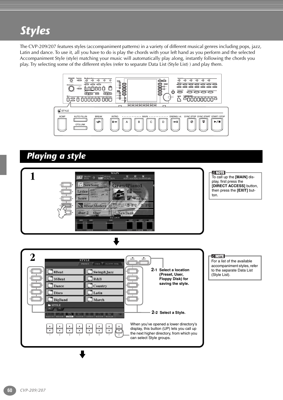 Styles, Playing a style, Acmp auto fill in ots link break intro main | On min max off ending rit. tap tempo, Exit, Back next, Harmony echo left hold mono, Reverb dsp variation | Yamaha CVP-207  EN User Manual | Page 60 / 176