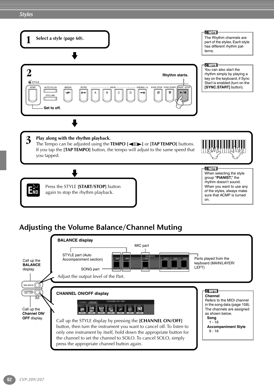 Adjusting the volume balance/channel muting, P. 62, Styles | Yamaha CVP-207  EN User Manual | Page 62 / 176