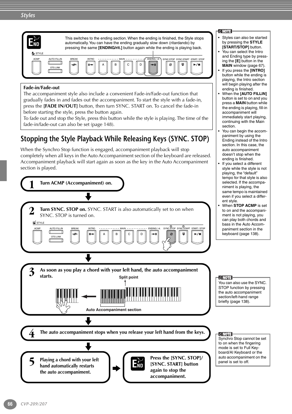 Stopping the style playback while releasing keys, Sync. stop), P. 66 | Styles | Yamaha CVP-207  EN User Manual | Page 66 / 176