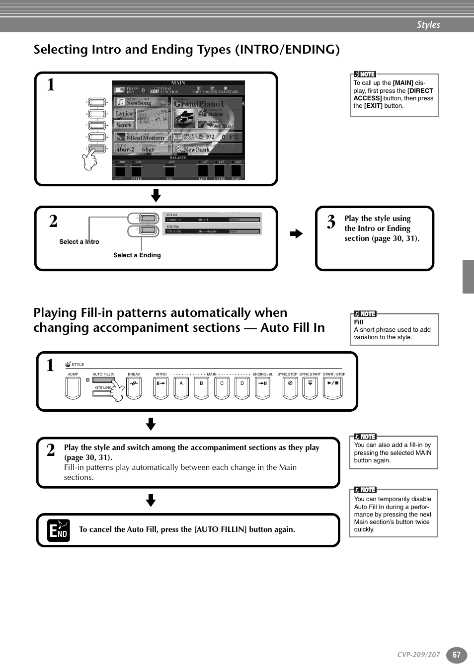 Selecting intro and ending types (intro/ending), Selecting intro and ending types, Intro/ending) | Accompaniment sections — auto fill in, P. 67, Styles | Yamaha CVP-207  EN User Manual | Page 67 / 176