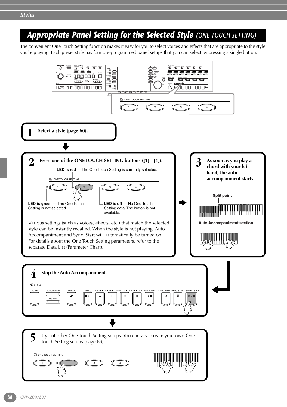 Appropriate panel setting for the selected style, One touch setting), P. 68 | Styles, Select a style (page 60), Stop the auto accompaniment | Yamaha CVP-207  EN User Manual | Page 68 / 176