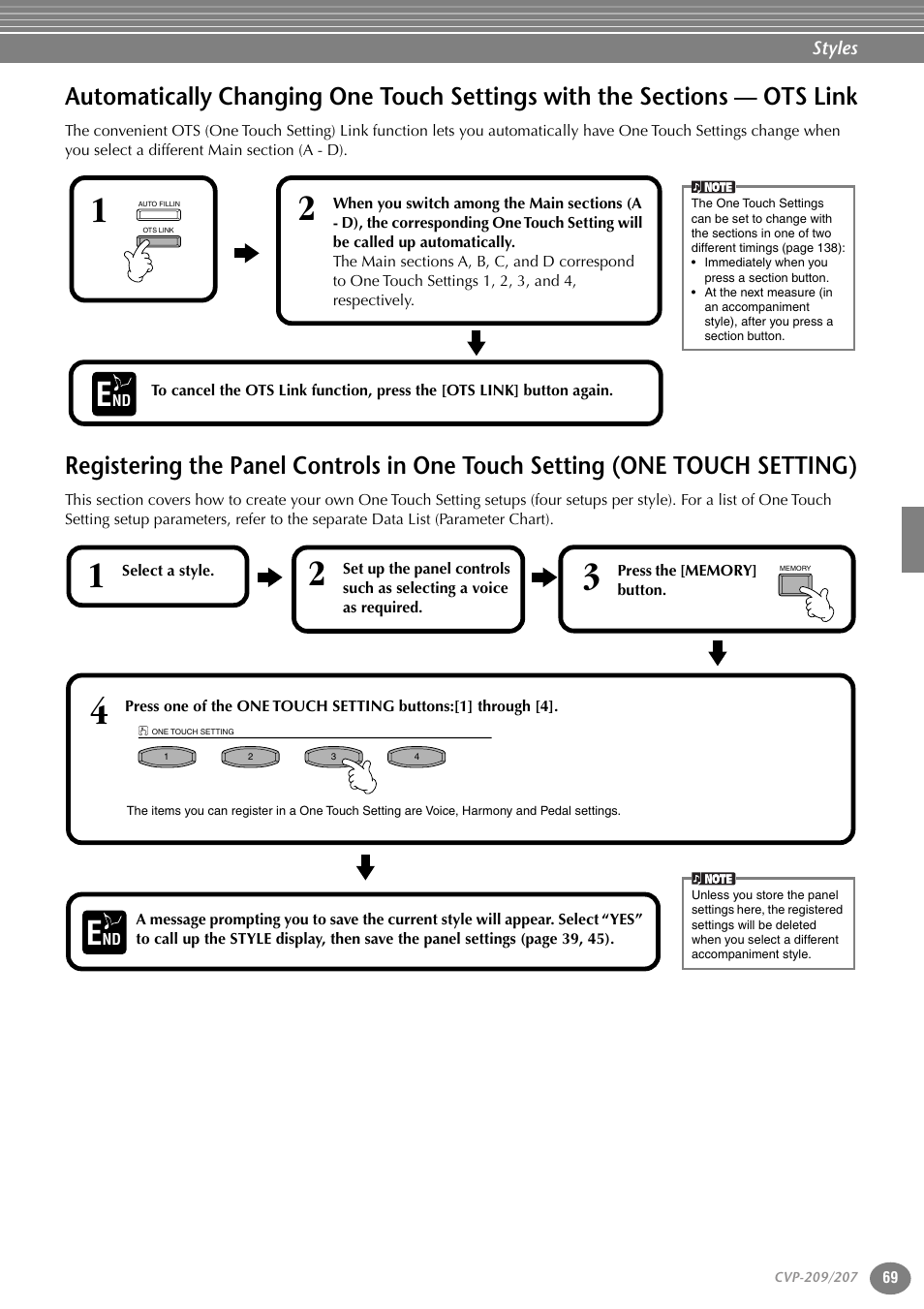Automatically changing one touch settings, With the sections — ots link, Registering the panel controls in one touch | Setting (one touch setting), P. 69 | Yamaha CVP-207  EN User Manual | Page 69 / 176