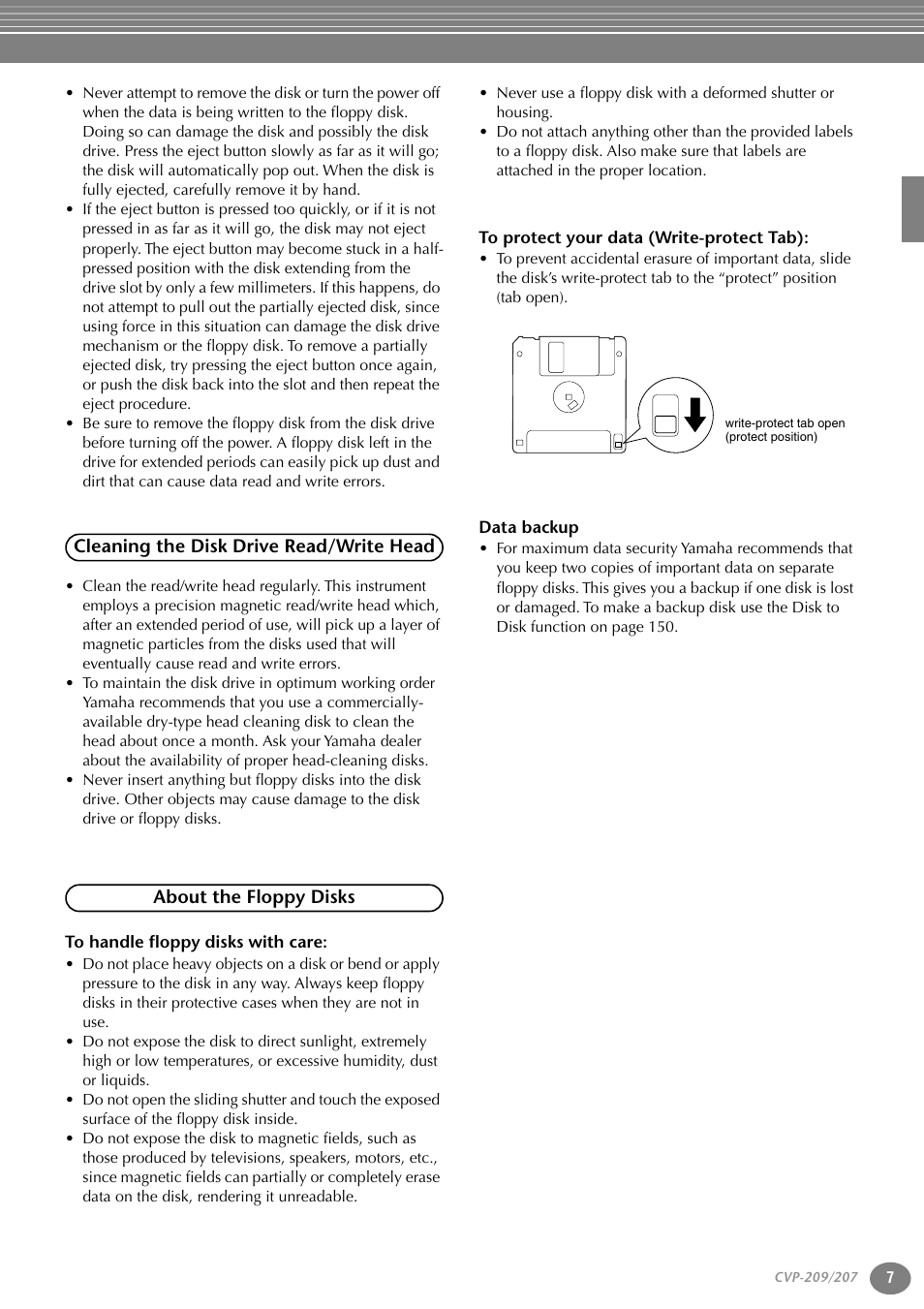 Cleaning the disk drive read/write head, About the floppy disks, To handle floppy disks with care | To protect your data (write-protect tab), Data backup | Yamaha CVP-207  EN User Manual | Page 7 / 176