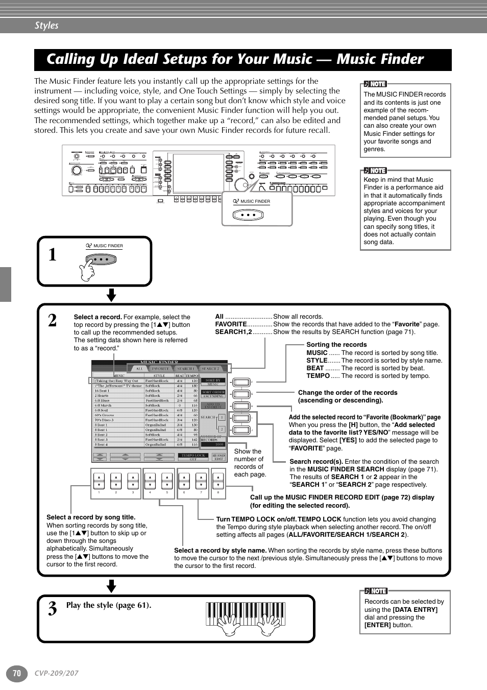 Calling up ideal setups for your music, Music finder, P. 70 | Styles, Pla y the style (page 61), Acmp auto fill in ots link break intro main, On min max off ending rit. tap tempo, Exit, Back next, Harmony echo left hold mono | Yamaha CVP-207  EN User Manual | Page 70 / 176