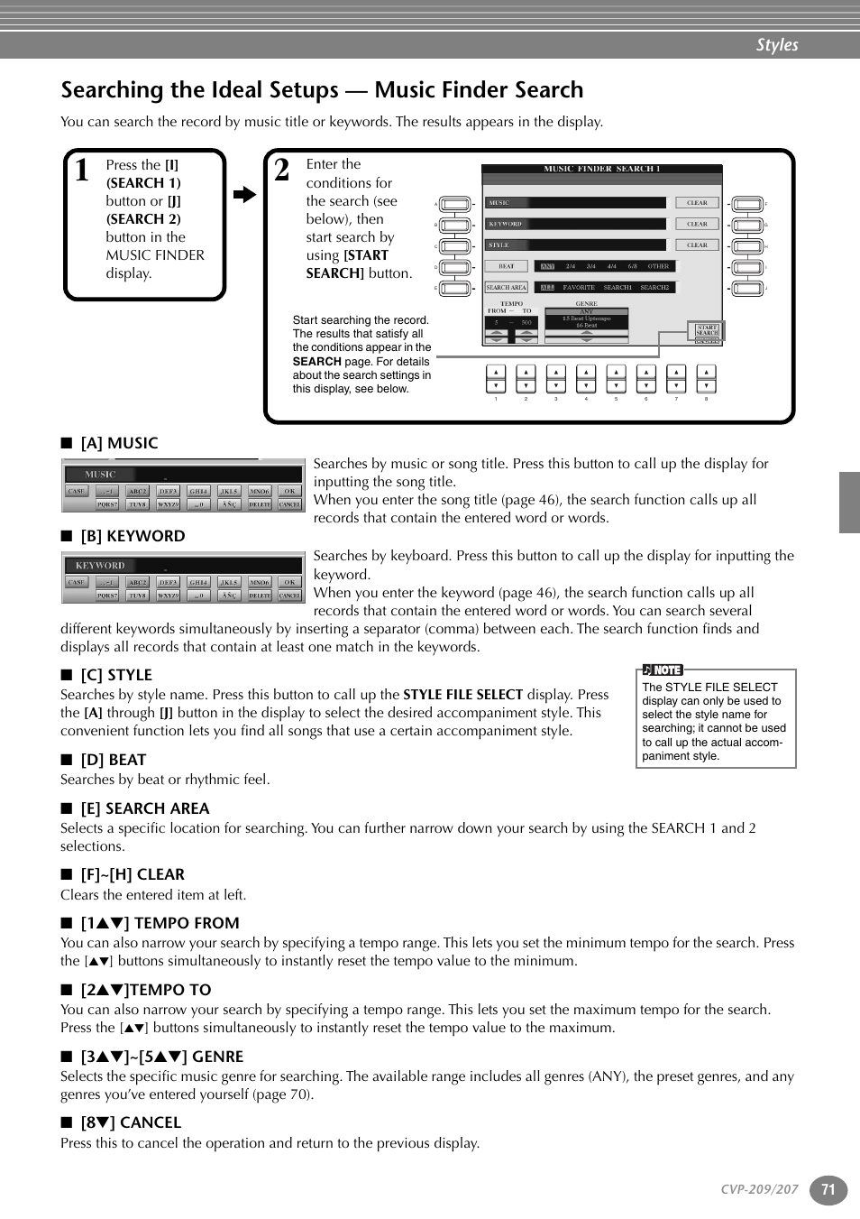 Searching the ideal setups — music finder search, A] music, B] keyword | C] style, D] beat, E] search area, F]~[h] clear, 1st] tempo from, 2st]tempo to, 3st]~[5st] genre | Yamaha CVP-207  EN User Manual | Page 71 / 176