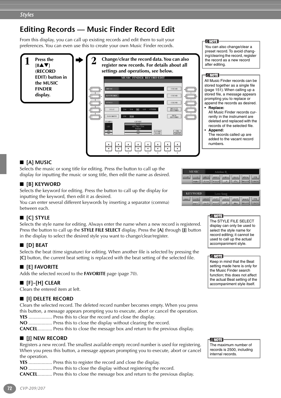 Editing records — music finder record edit, A] music, B] keyword | C] style, D] beat, E] favorite, F]~[h] clear, I] delete record, J] new record, Styles | Yamaha CVP-207  EN User Manual | Page 72 / 176