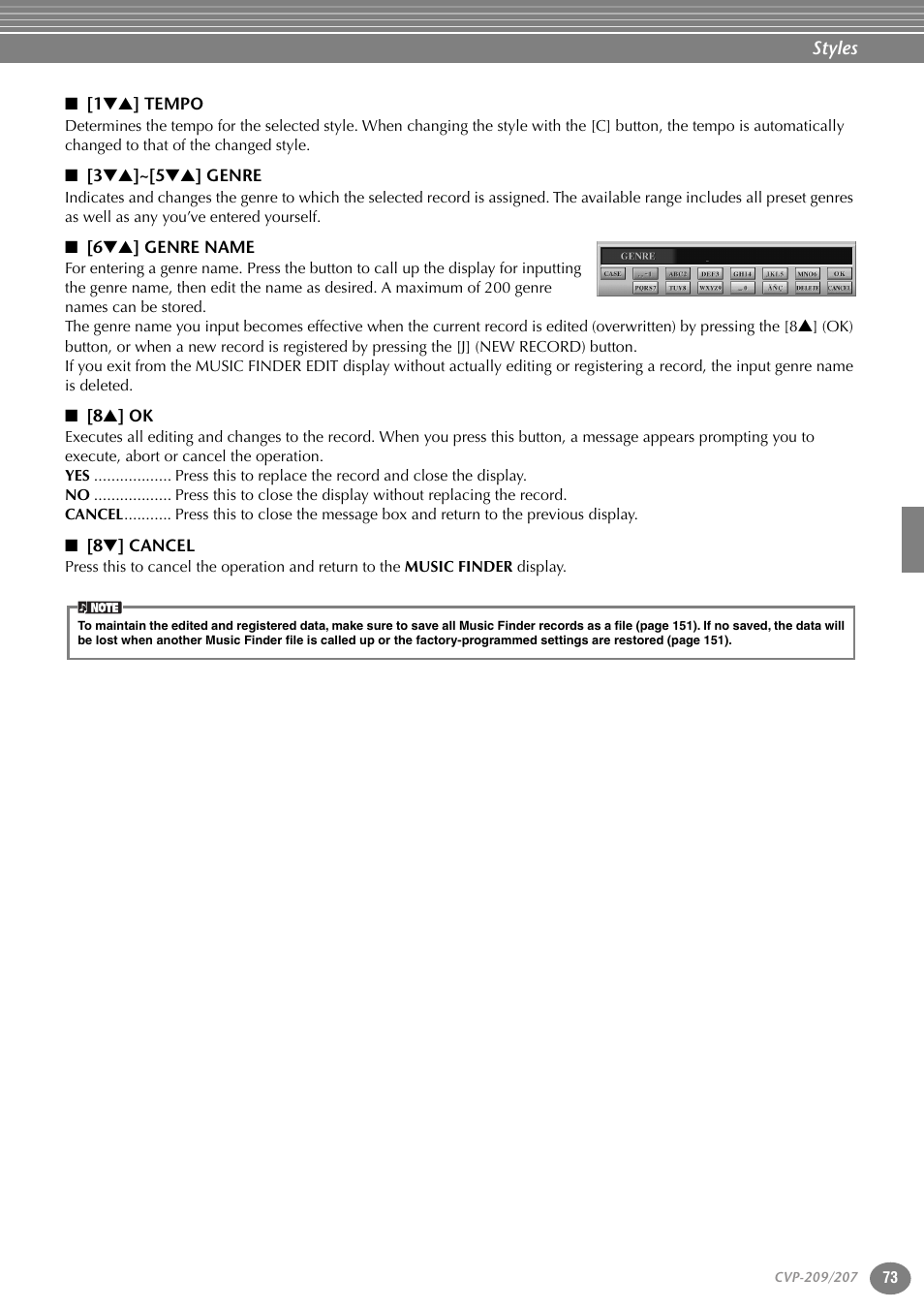 1ts] tempo, 3ts]~[5ts] genre, 6ts] genre name | 8s] ok, 8t] cancel | Yamaha CVP-207  EN User Manual | Page 73 / 176