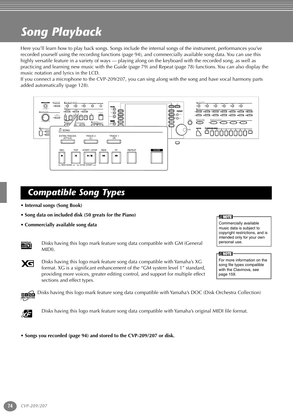 Song playback, Compatible song types, Song | Yamaha CVP-207  EN User Manual | Page 74 / 176
