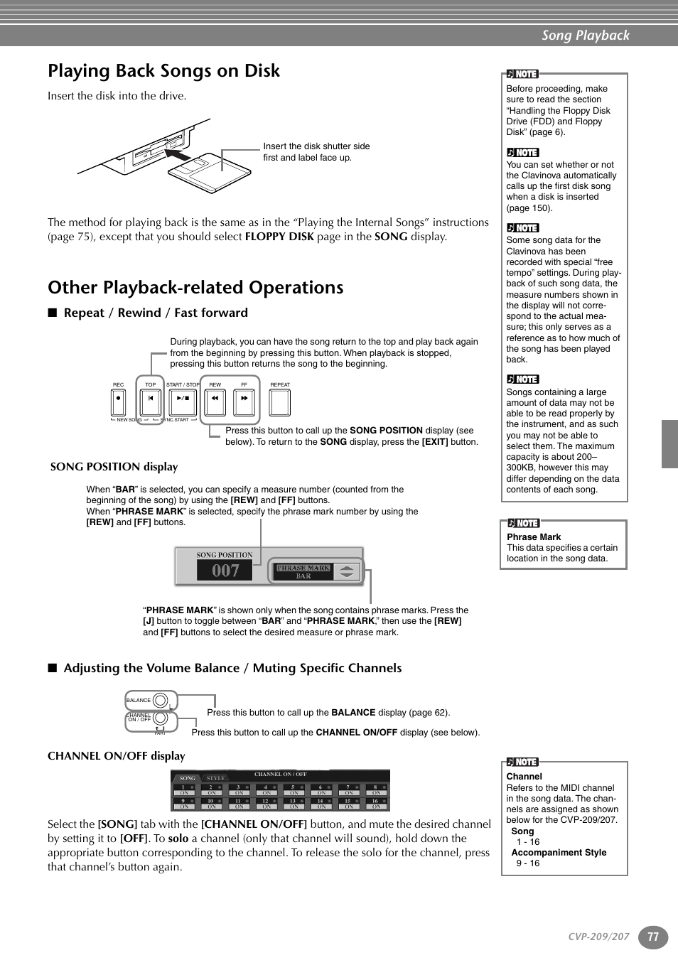 Playing back songs on disk, Other playback-related operations, Repeat / rewind / fast forward | P. 77, Song playback, Song position display | Yamaha CVP-207  EN User Manual | Page 77 / 176