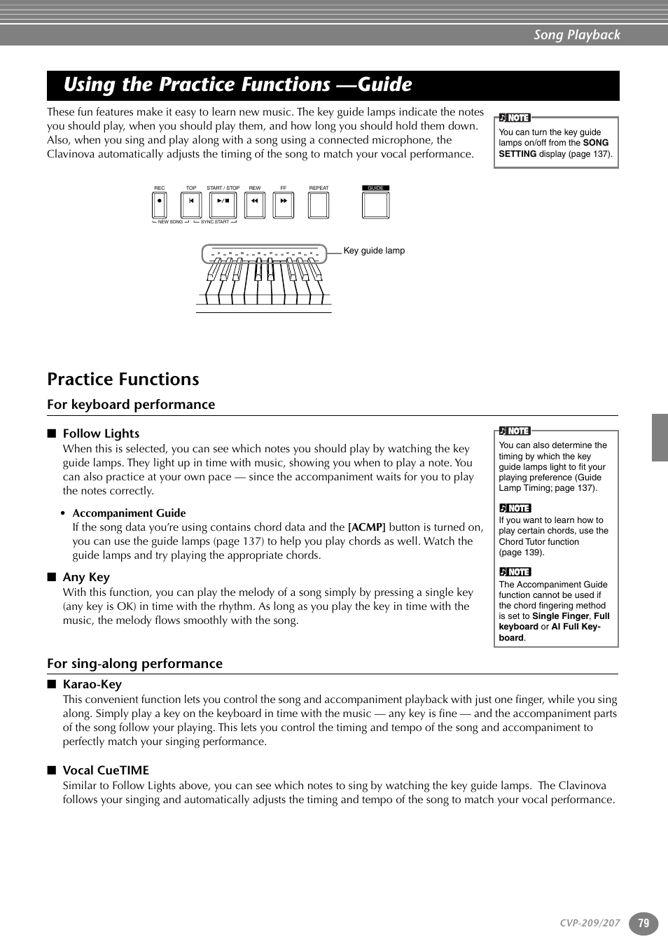 Using the practice functions —guide, Practice functions, For keyboard performance | Follow lights, Any key, For sing-along performance, Karao-key, Vocal cuetime, P. 79, Song playback | Yamaha CVP-207  EN User Manual | Page 79 / 176