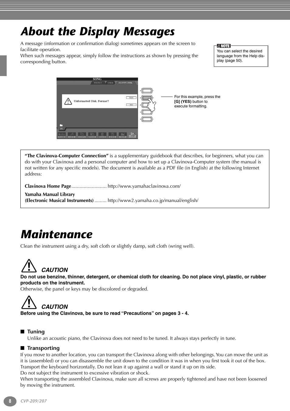 About the display messages, Maintenance, Tuning | Transporting | Yamaha CVP-207  EN User Manual | Page 8 / 176