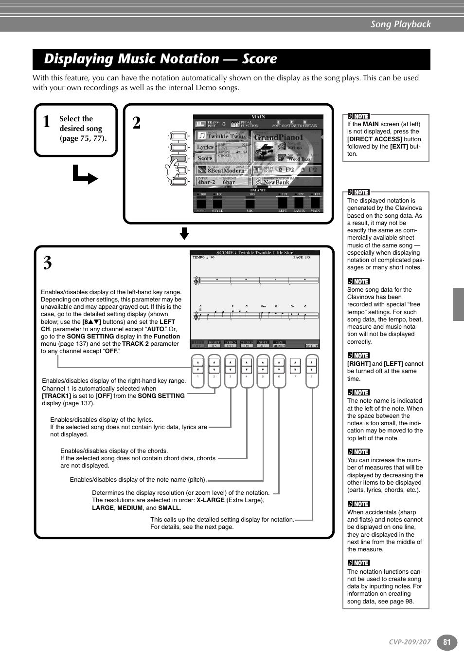 Displaying music notation — score, Song playback | Yamaha CVP-207  EN User Manual | Page 81 / 176