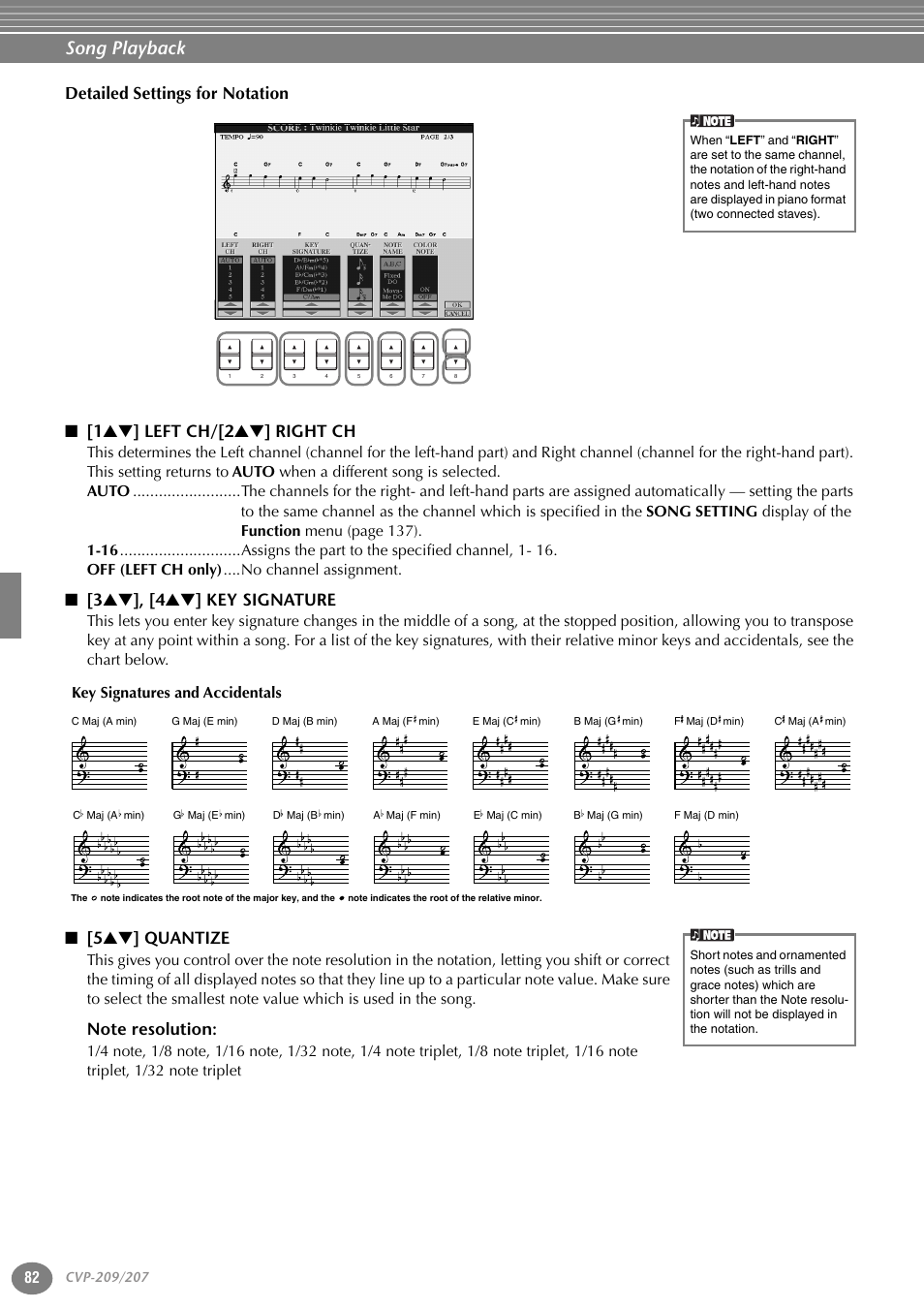 1st] left ch/[2st] right ch, 3st], [4st] key signature, 5st] quantize | Note resolution, Song playback, 3 ▲▼ ], [4 ▲▼ ] key signature, 5 ▲▼ ] quantize, Key signatures and accidentals | Yamaha CVP-207  EN User Manual | Page 82 / 176