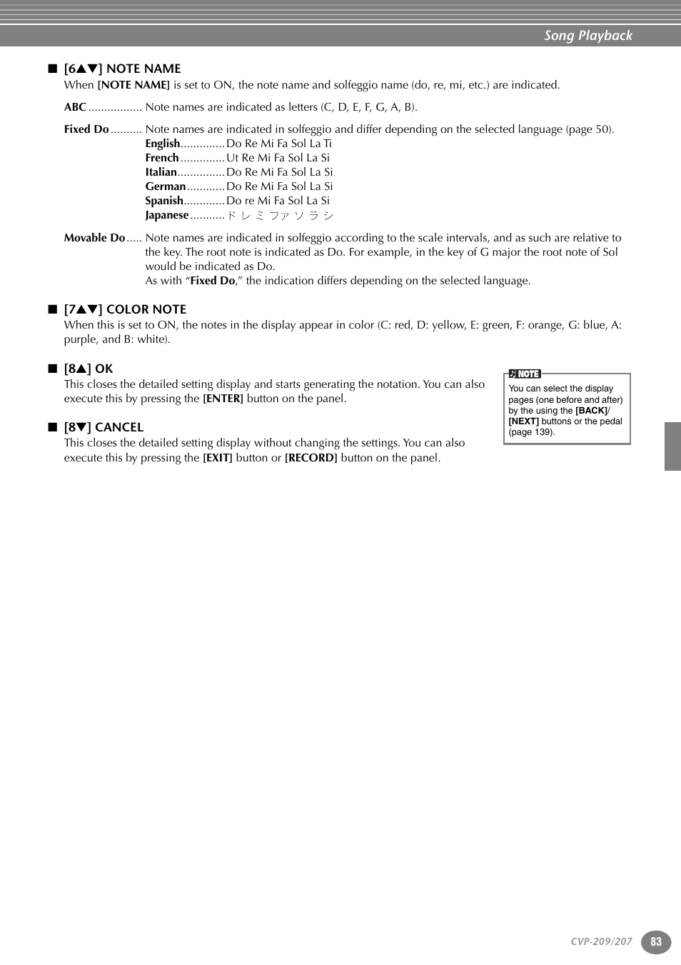 6st] note name, 7st] color note, 8s] ok | 8t] cancel | Yamaha CVP-207  EN User Manual | Page 83 / 176