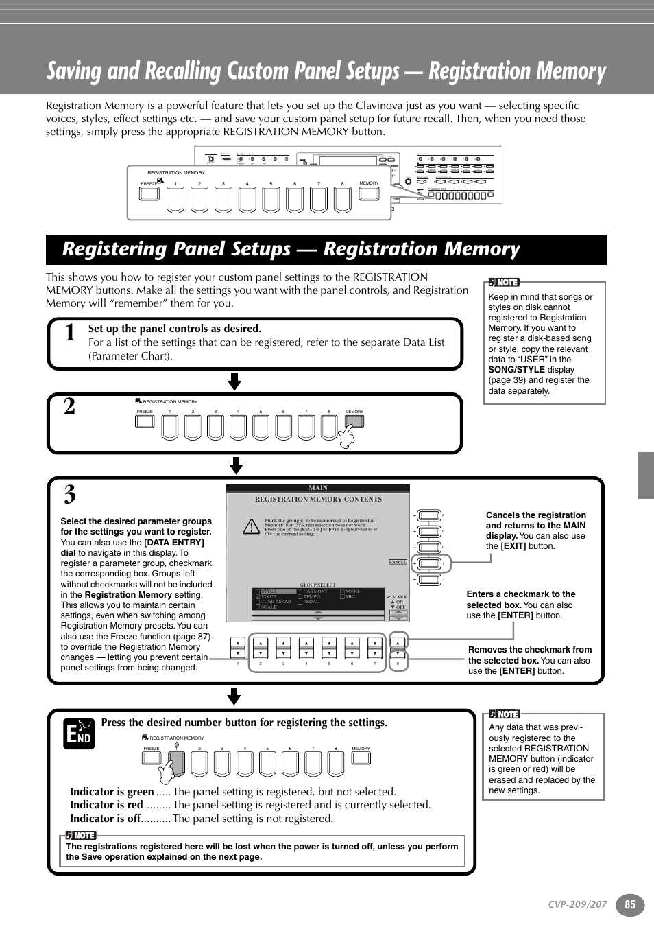 Registering panel setups — registration memory, Registering panel setups, Registration memory | P. 85 | Yamaha CVP-207  EN User Manual | Page 85 / 176