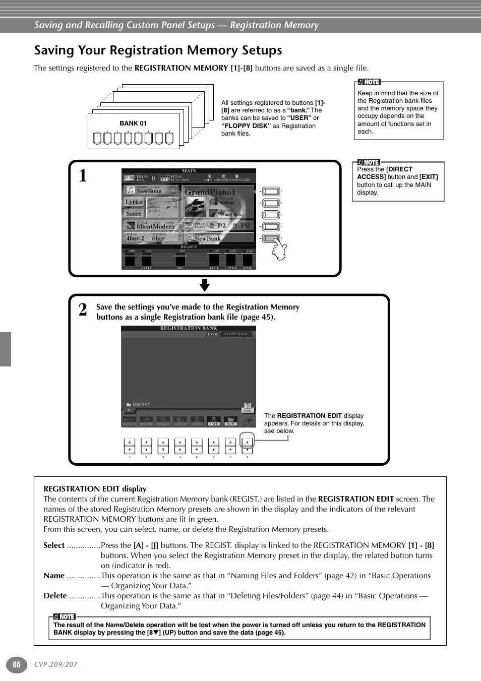 Saving your registration memory setups | Yamaha CVP-207  EN User Manual | Page 86 / 176
