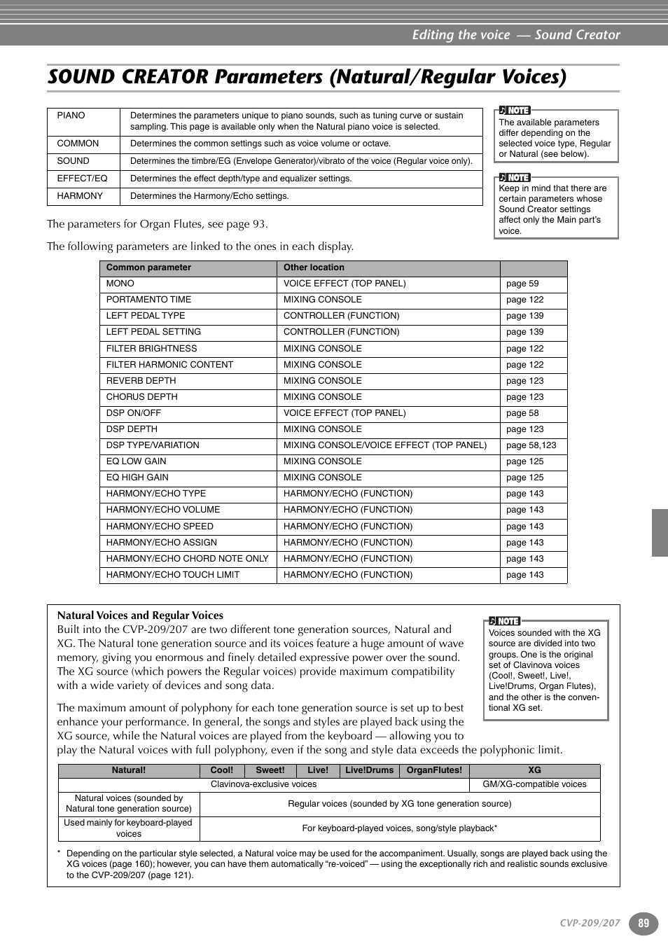 Sound creator parameters (natural/regular voices), Sound creator parameters, Natural/regular voices) | Editing the voice — sound creator | Yamaha CVP-207  EN User Manual | Page 89 / 176