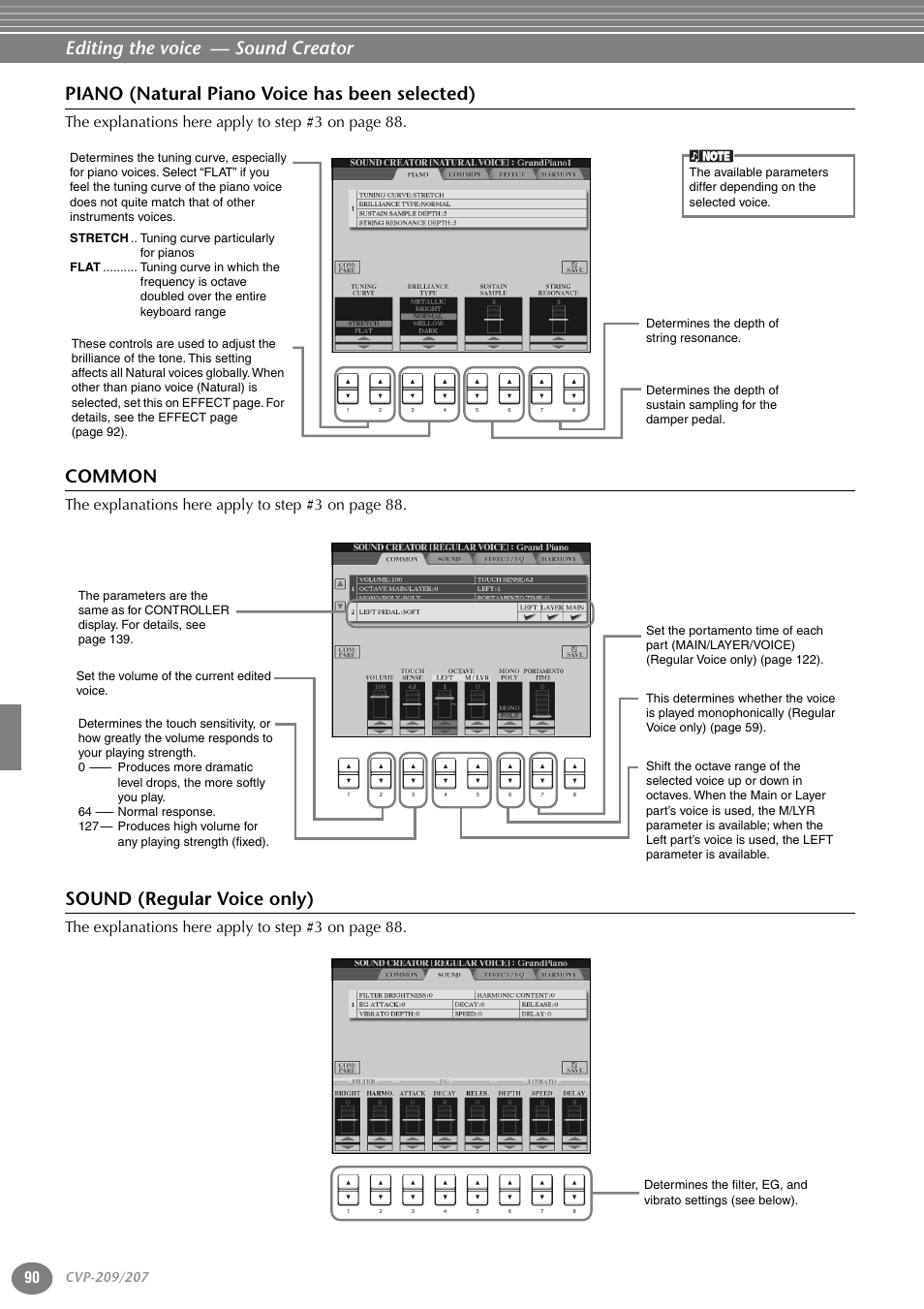 Piano (natural piano voice has been selected), Common, Sound (regular voice only) | Editing the voice — sound creator, T he explanations here apply to step #3 on page 88 | Yamaha CVP-207  EN User Manual | Page 90 / 176